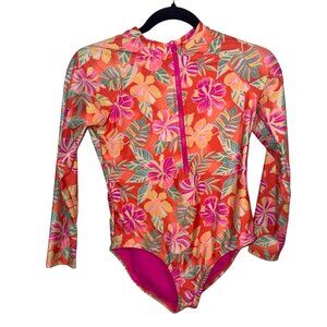 Tropical Floral Long Sleeve Girls Rash Guard Swimsuit With Zipper Size L (10-12)